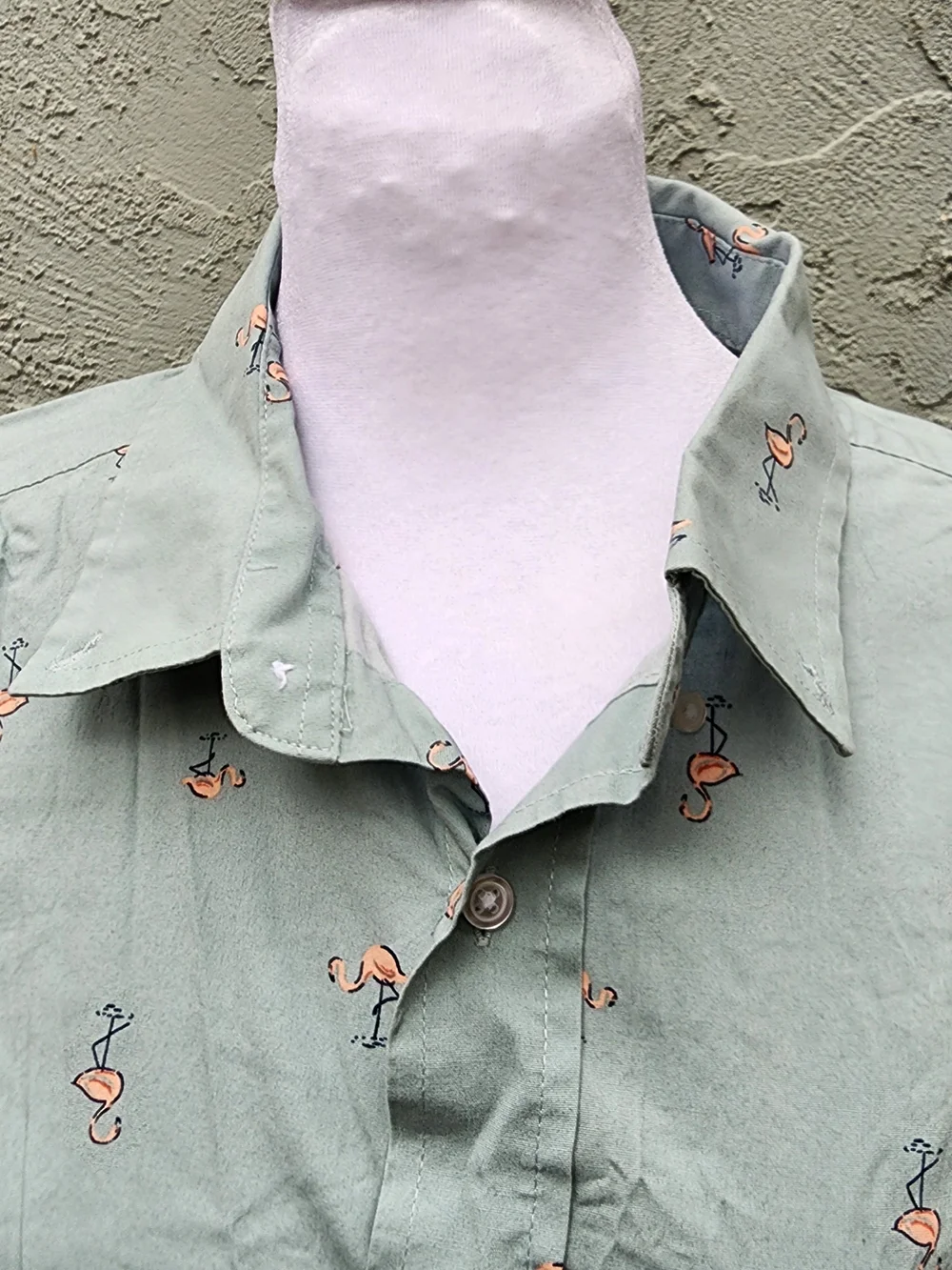 George Men’s Sage Green Pink Flamingo Print Short Sleeve Button Down L 42-44
